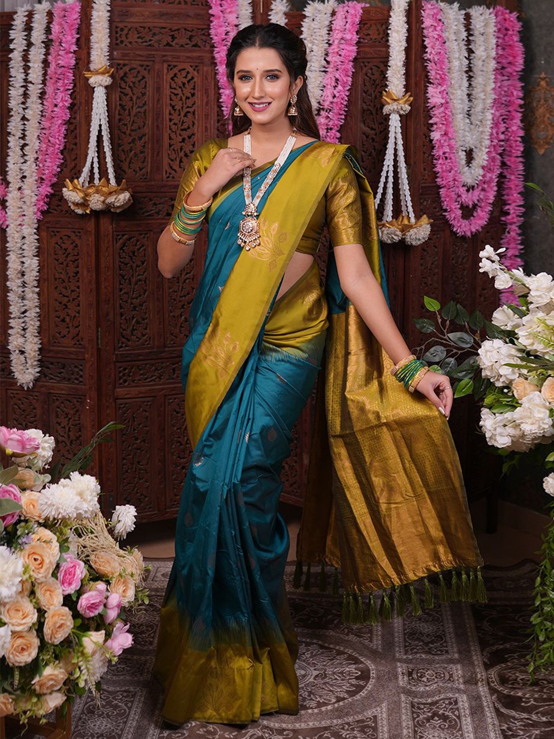 

all about you Woven Design Zari Silk Blend Banarasi Saree, Sea green