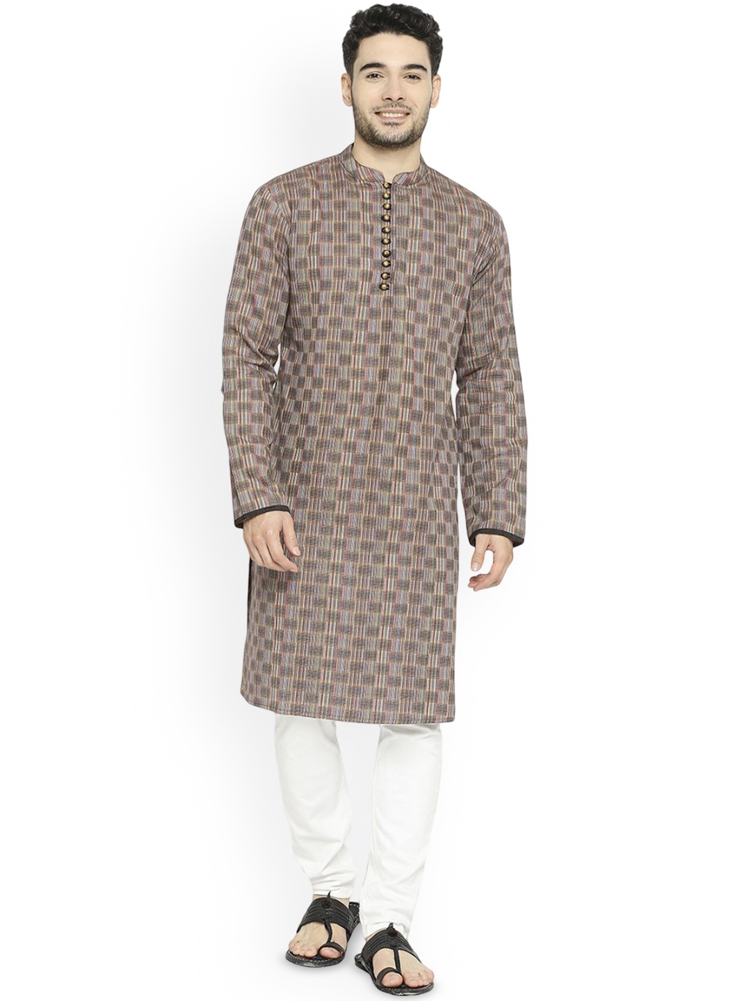 

Arch element Men Geometric Checked Flared Sleeves Mirror Work Kurta, Brown