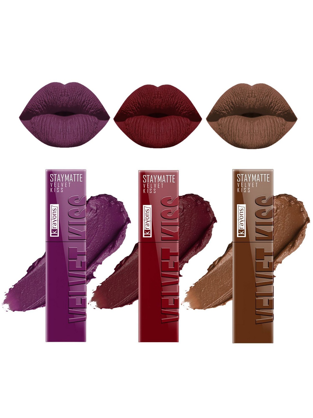 

krayons Set Of 3 Velvet Kiss Non Transfer Liquid Matte Lipstick - 3.5 ml Each, Burgundy