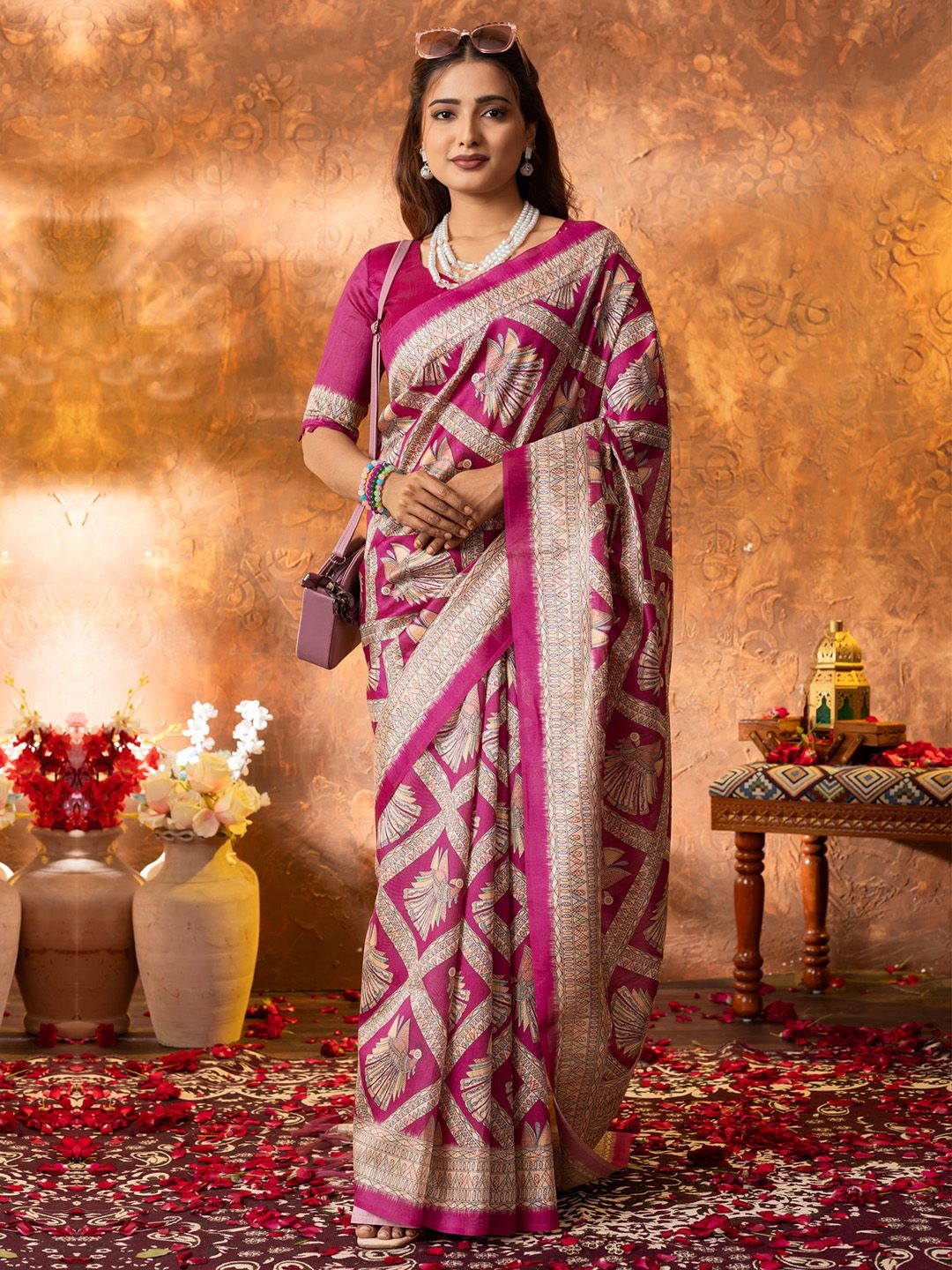 

Saree mall Ethnic Motifs Silk Cotton Tussar Sarees, Pink