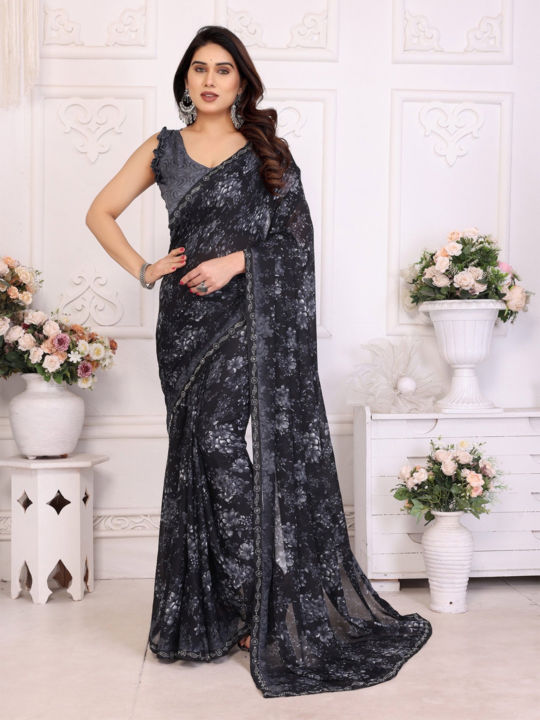 

Moda Rapido Floral Poly Georgette Saree, Black