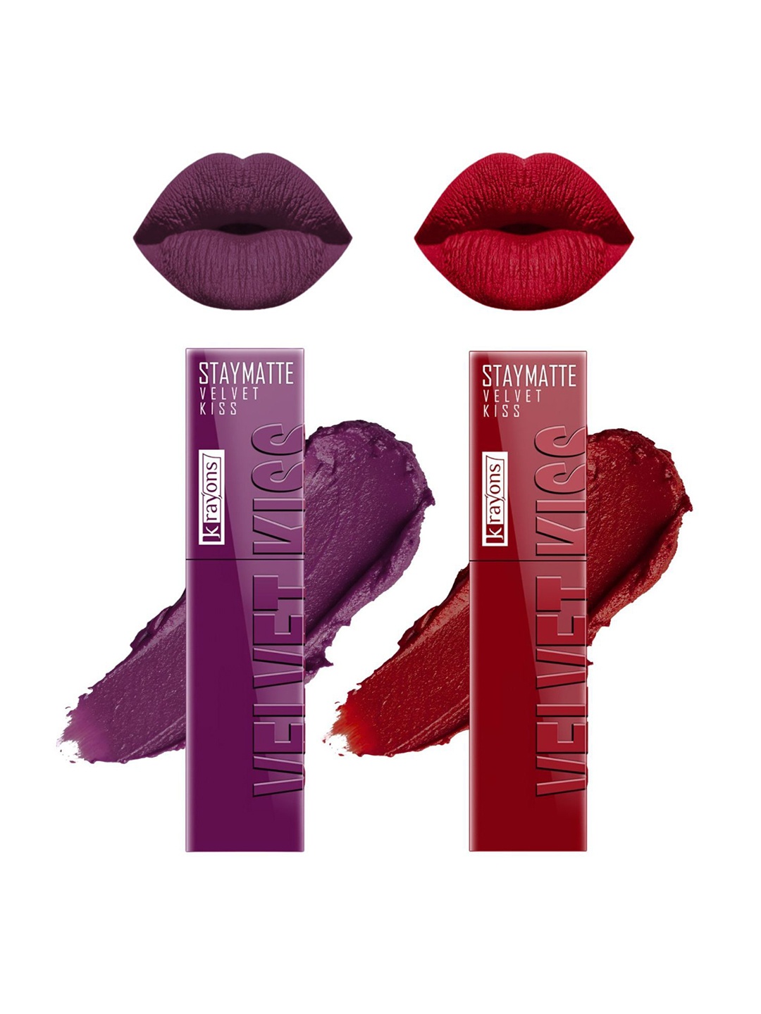 

krayons Velvet Kiss Set Of 2 Liquid Lipstick - 3.5 ml Each Burgundy 03 Ruby Red 12