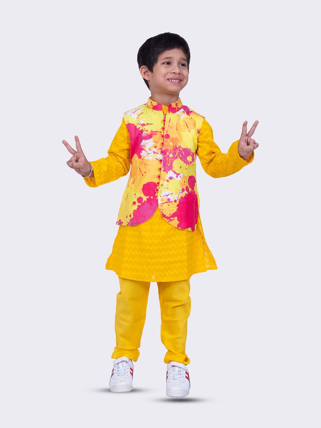 

Twisha Boys Printed Regular Kurta With Churidar Set, Yellow