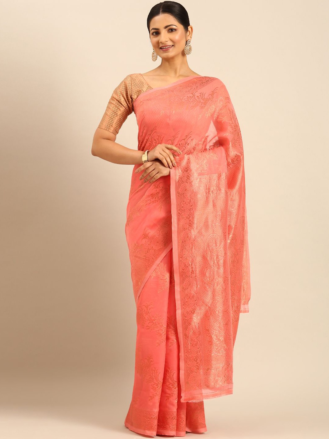 

LeeliPeeri Designer Woven Design Zari Saree, Peach