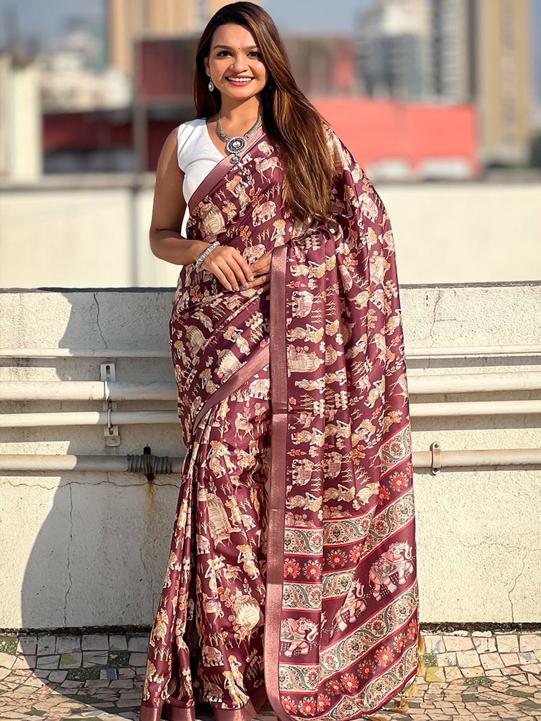 

all about you Kalamkari Zari Tussar Saree, Brown