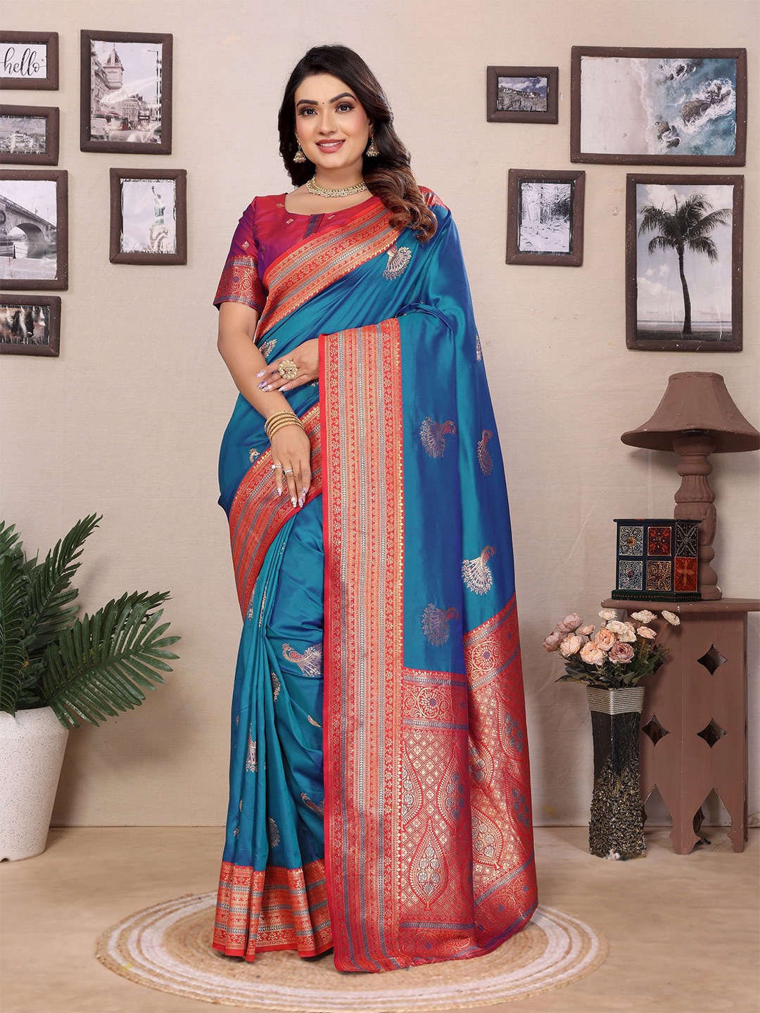 

Panzora Ethnic Motifs Zari Silk Blend Banarasi Saree, Blue