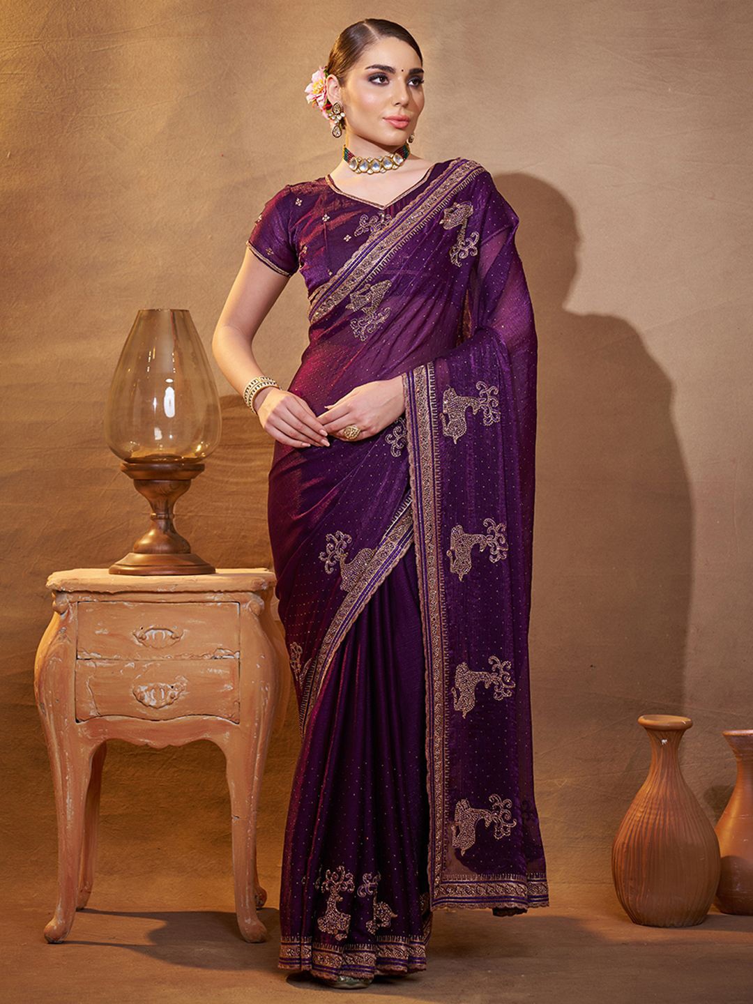 

modeva Embellished Beads and Stones Satin Saree, Purple