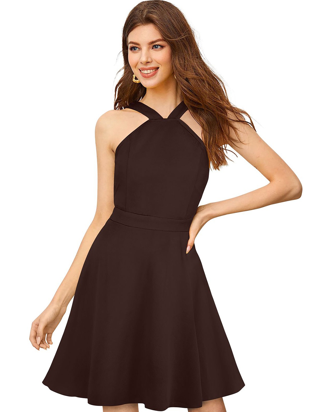 

CORSICA Halter Neck Fit & Flare Dress, Brown