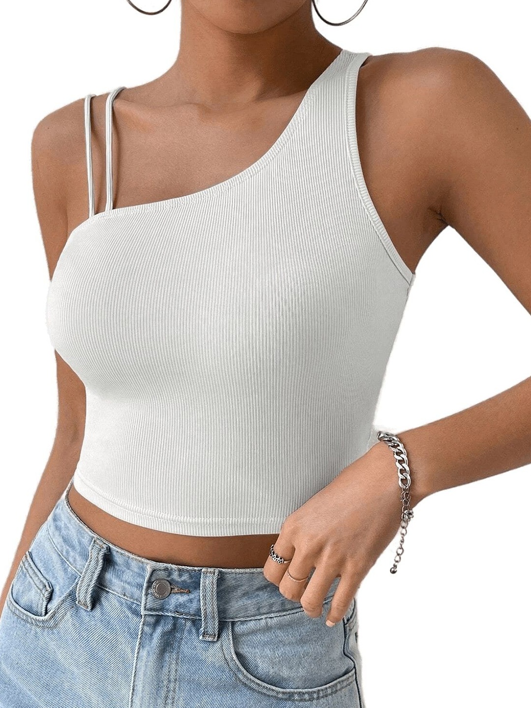 

classy fashion One Shoulder Cotton Crop Top, White