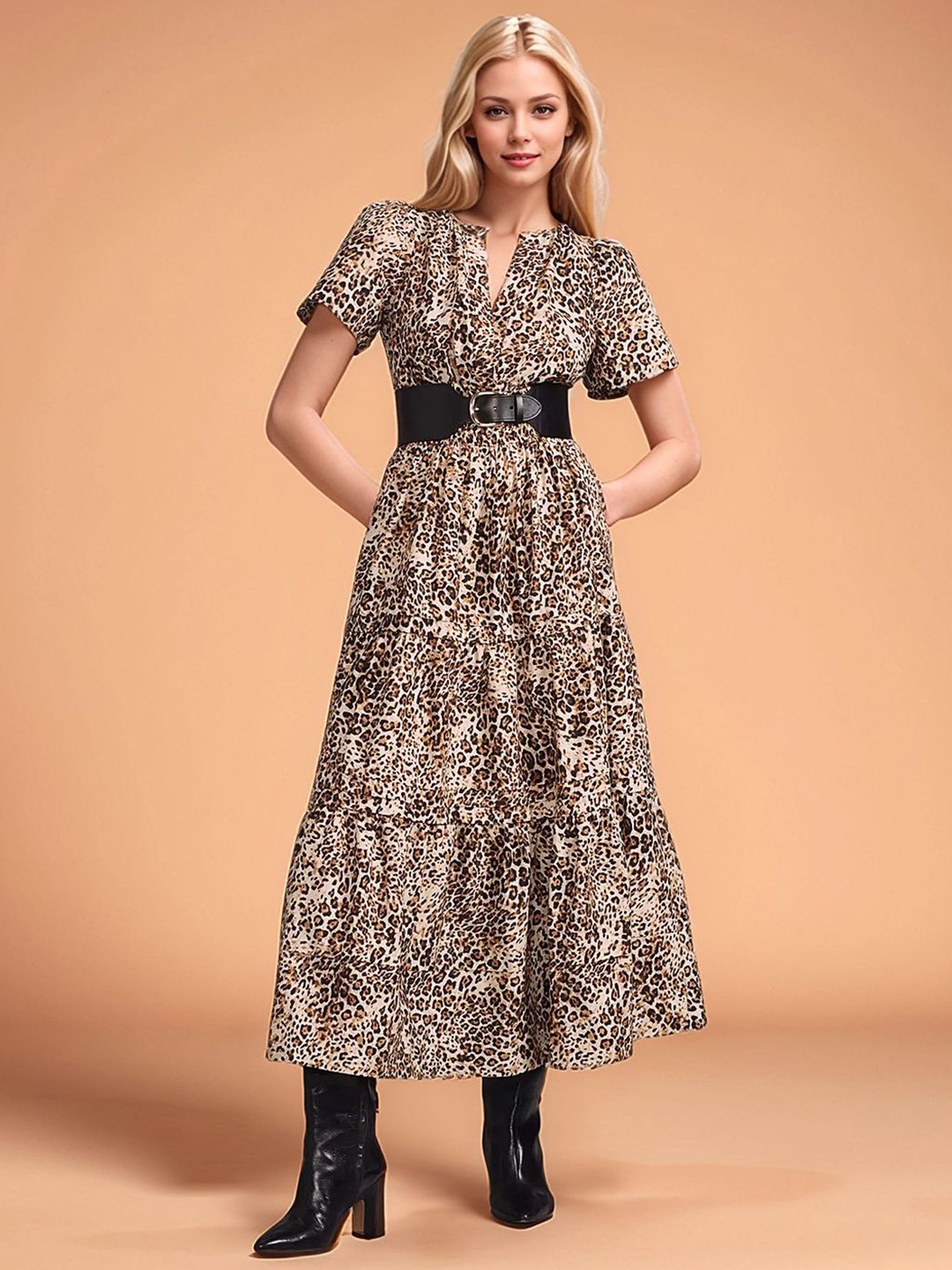 

Roadster Tiger Print Ankle Length Fit and Flare Dress, Brown
