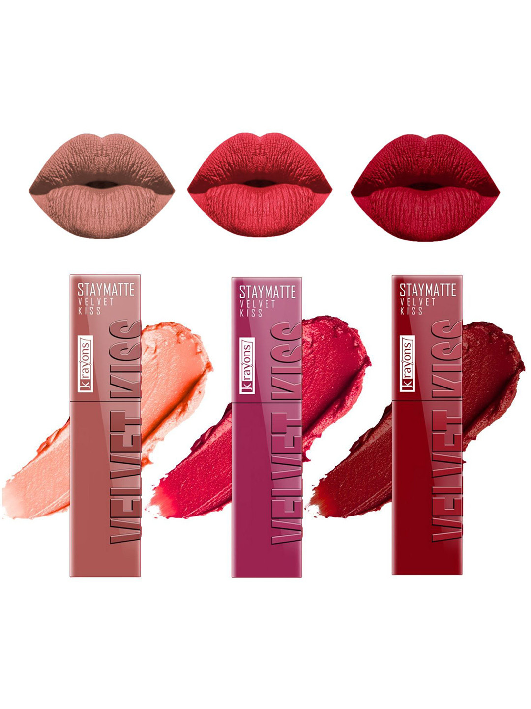 

krayons StayMatte Velvet Kiss Set Of 3 Liquid Lipstick-Peach Pink-Ruby Red-Sheer Nude