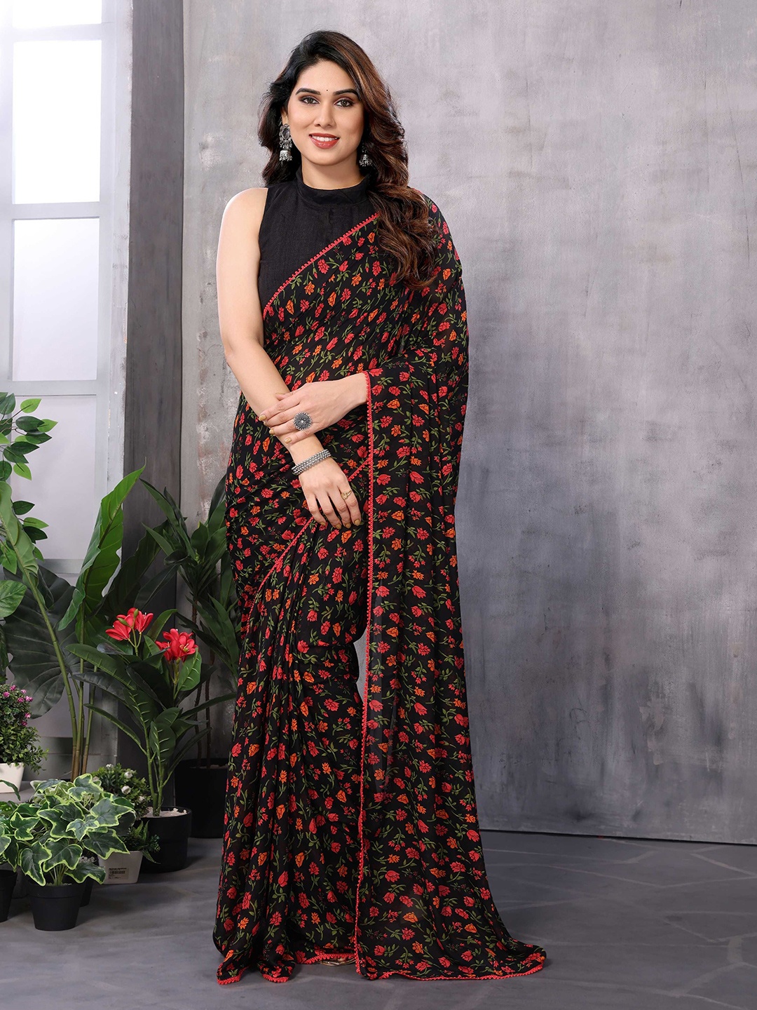 

LeeliPeeri Designer Floral Poly Georgette Ready to Wear Saree, Black