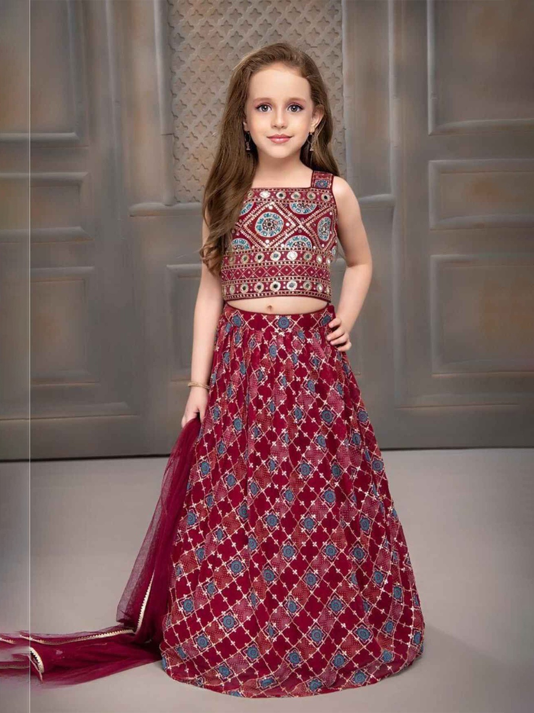 

Lagorii Girls Embroidered Ready to Wear Lehenga & Blouse With Dupatta, Maroon