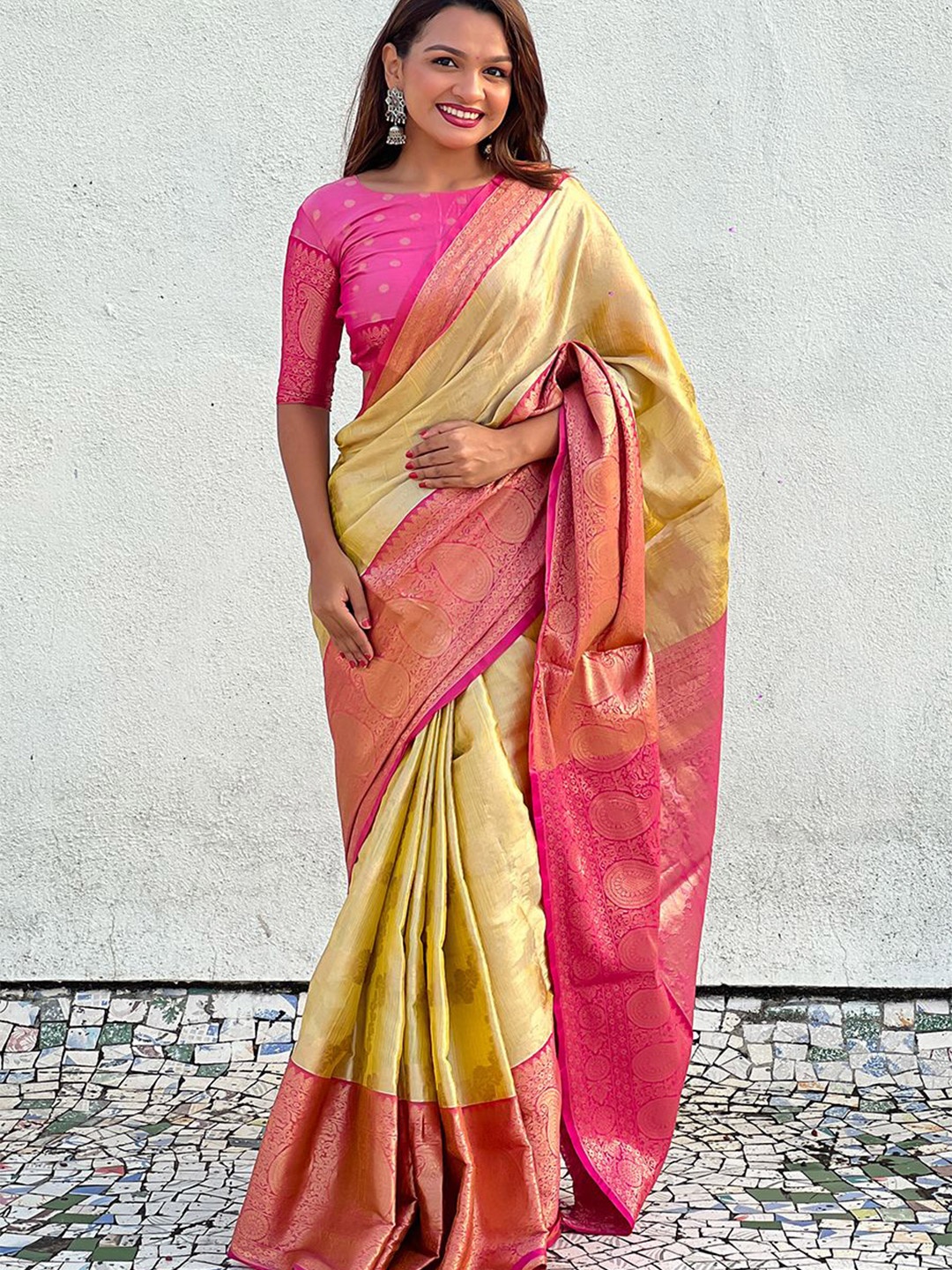 

all about you Woven Design Zari Silk Blend Kanjeevaram Saree, Yellow