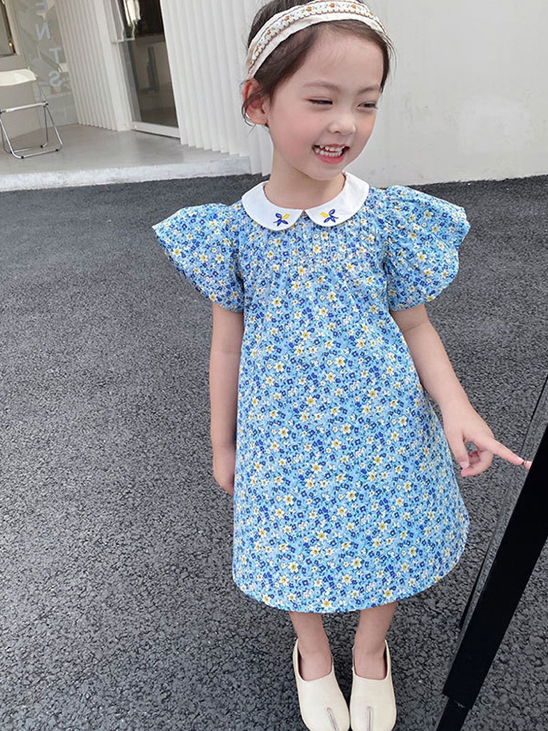 

LULU & SKY Floral Print Flutter Sleeve A-Line Dress, Blue