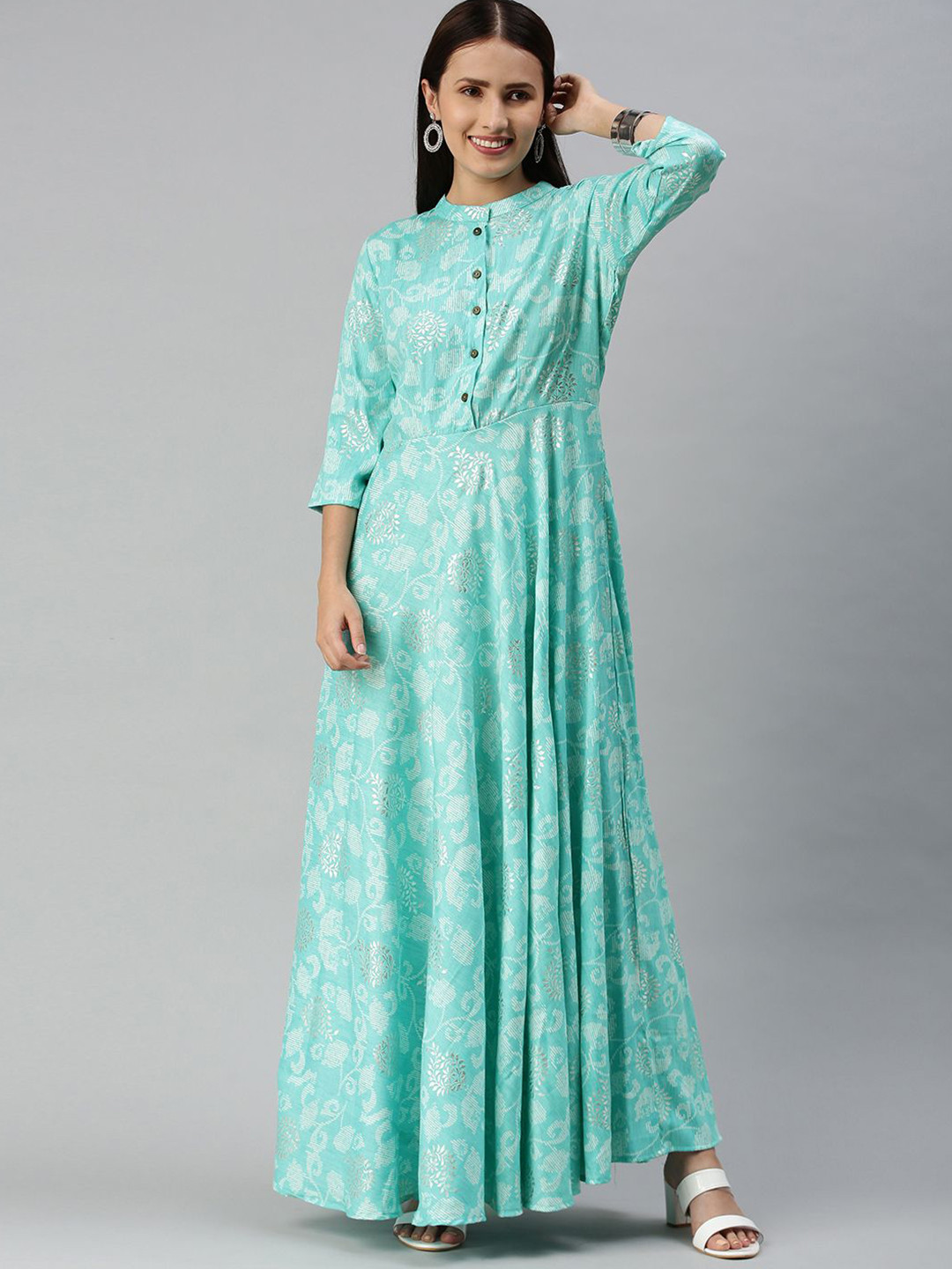 

Swishchick Ethnic Motifs Print Fit & Flare Maxi Dress, Green