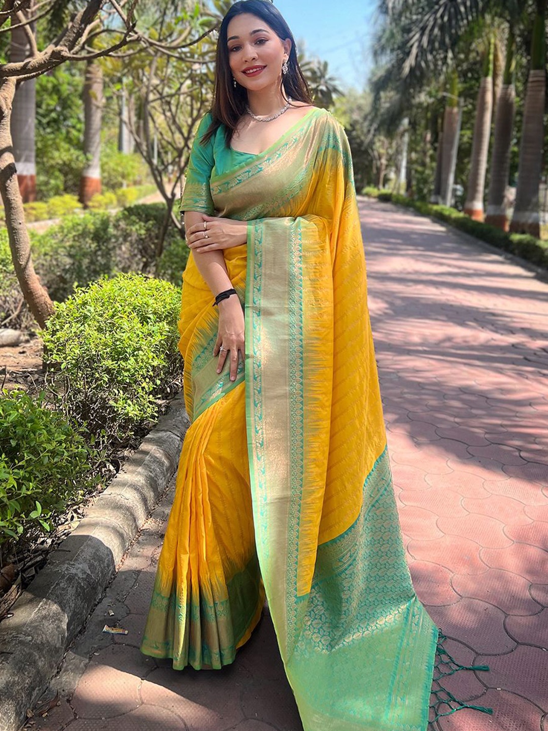 

all about you Zari Silk Blend Banarasi Saree, Yellow