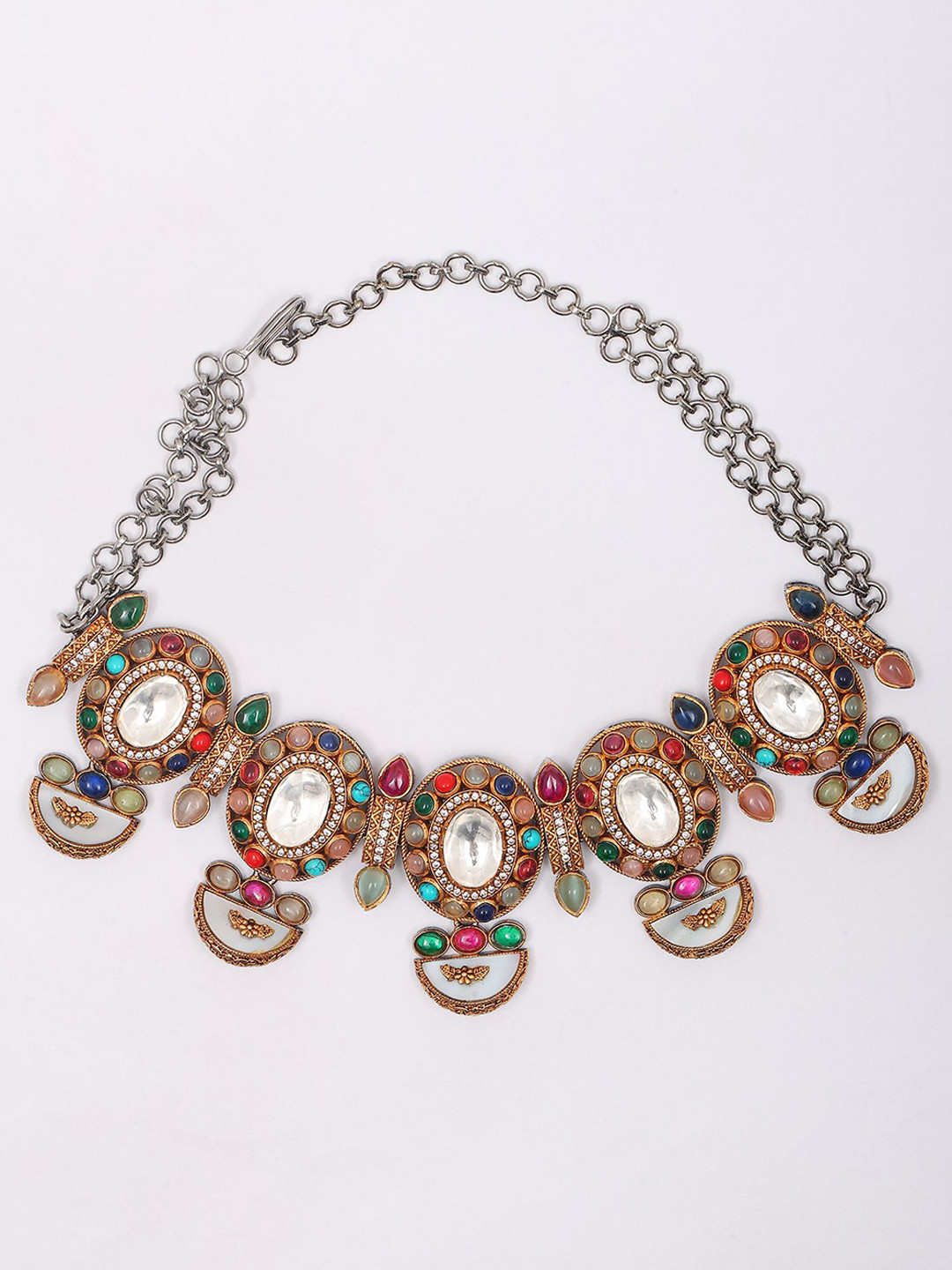 

Exotic India Multicolor Choker Necklace Set With Earrings, Gold