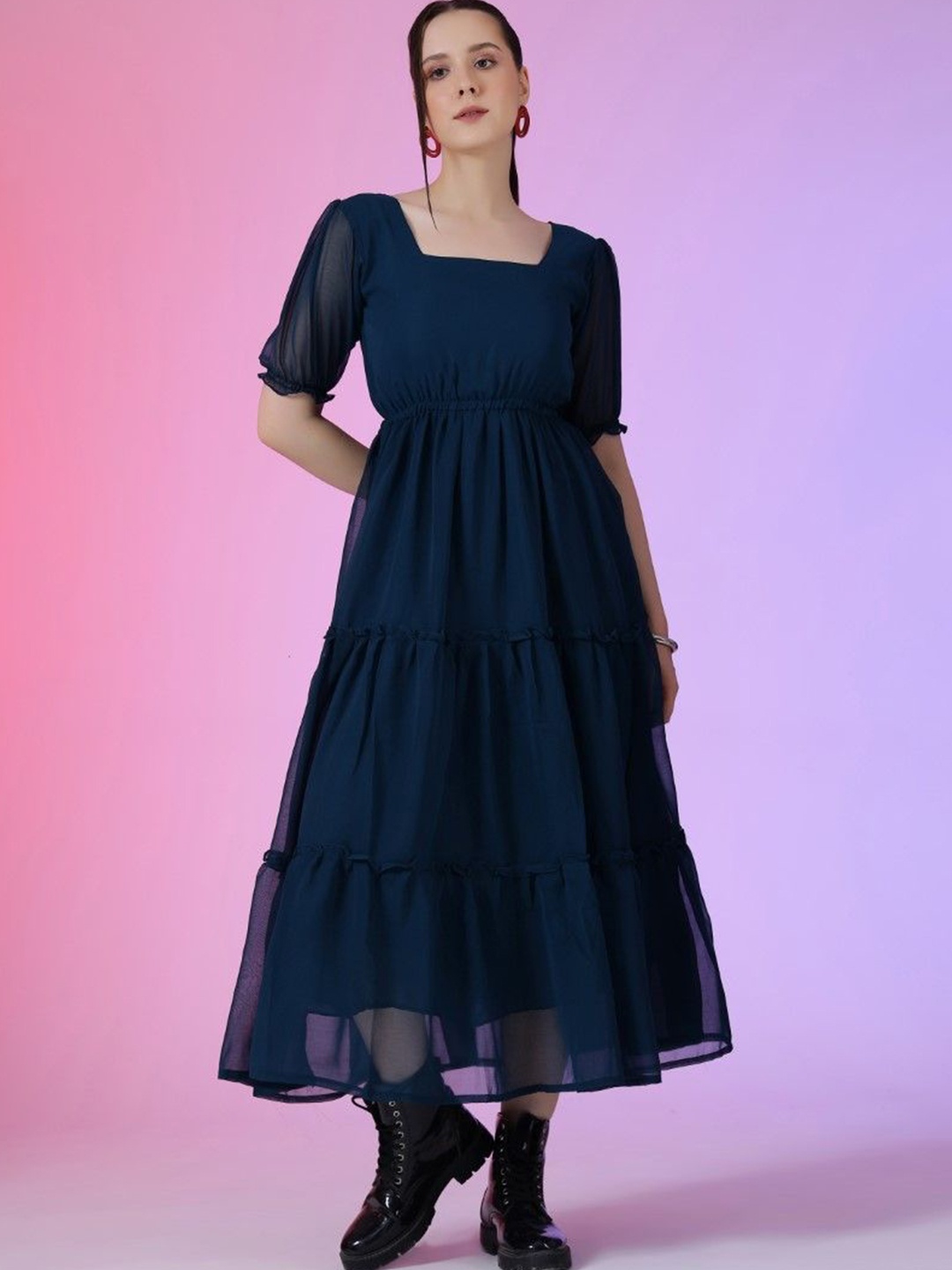 

Jash Creation Puff Sleeve Applique Georgette Fit & Flare Maxi Dress, Blue