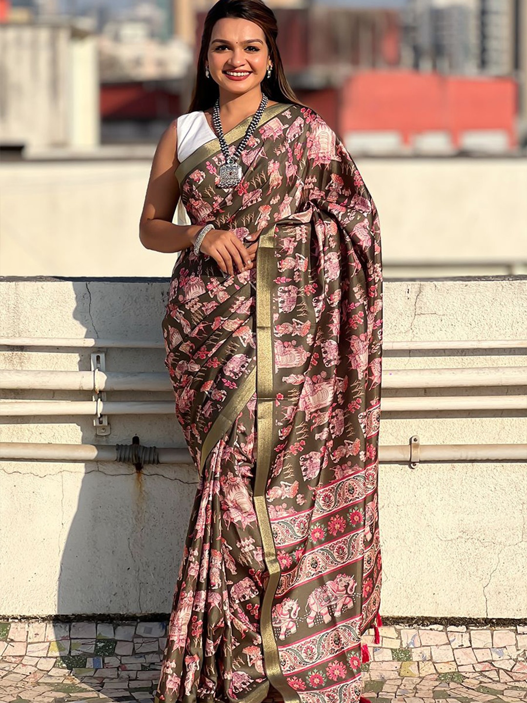 

all about you Kalamkari Zari Tussar Saree, Green