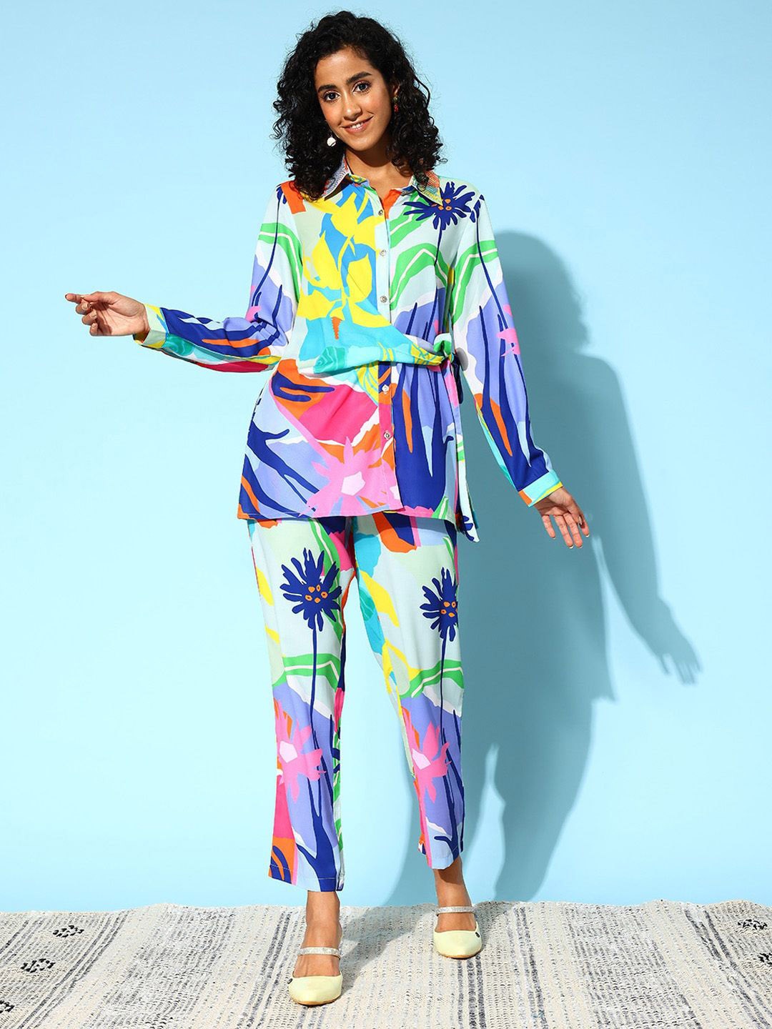 

ZUMMER Floral Printed Shirt Collar Shirt With Trousers Co-Ords, Blue