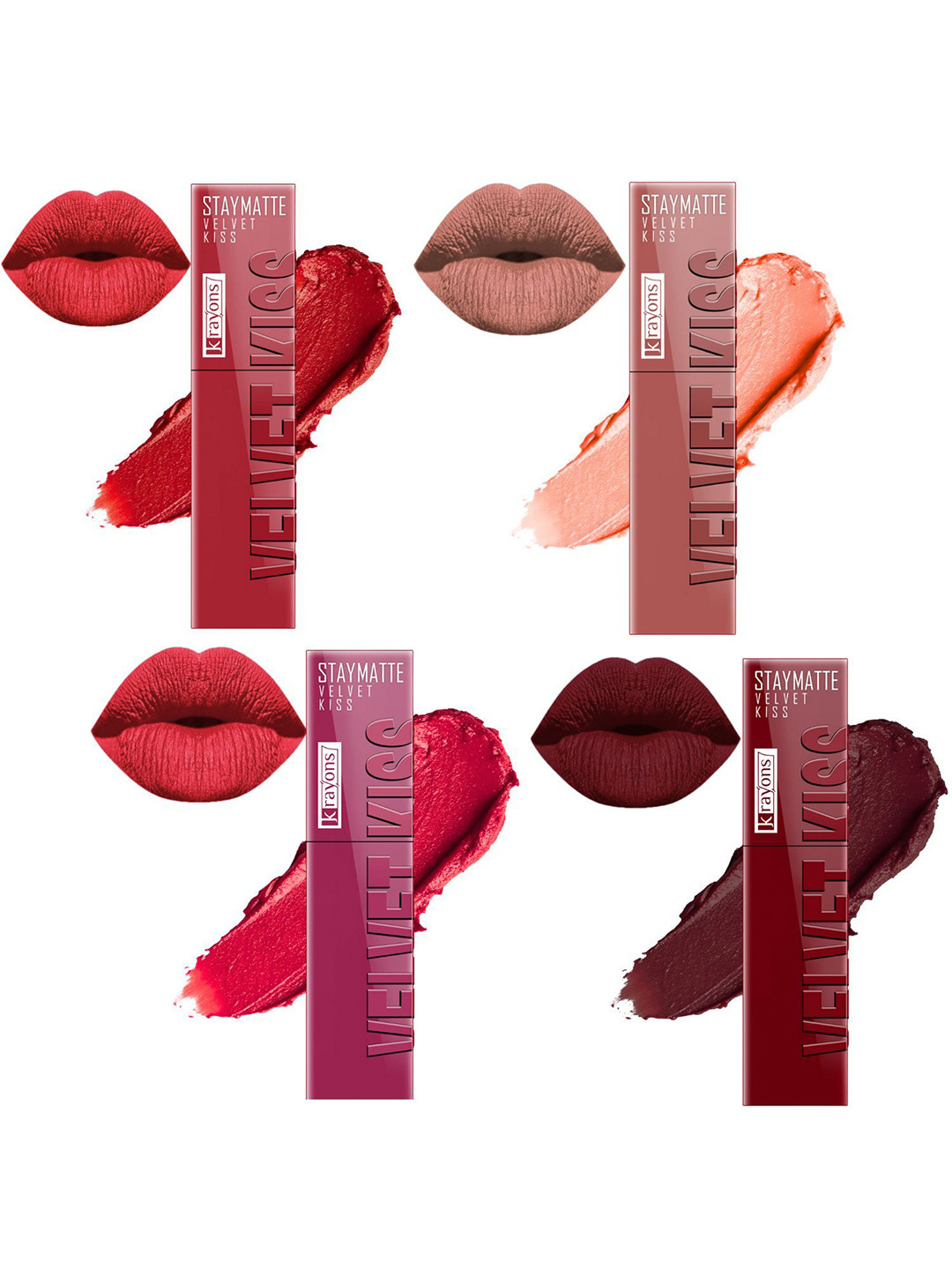 

krayons Set Of 4 Velvet Kiss Non Transfer Liquid Matte Lipstick - 3.5 ml Each, Red