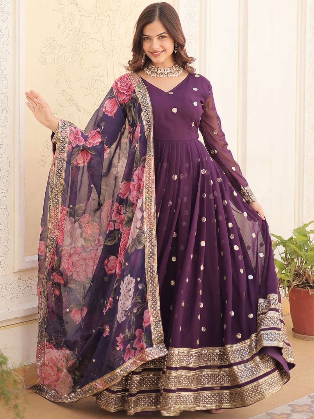 

Wedani Women Floral Printed Regular Kurta with Pyjamas & With Dupatta, Purple