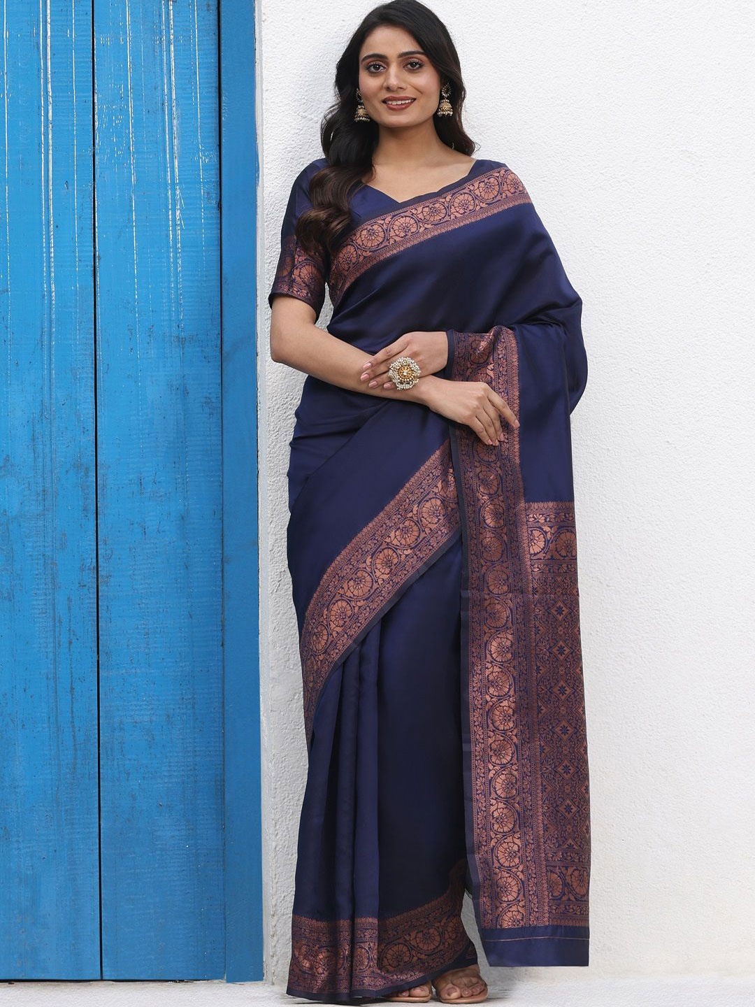 

Iris Woven Design Zari Silk Blend Kanjeevaram Saree, Navy blue