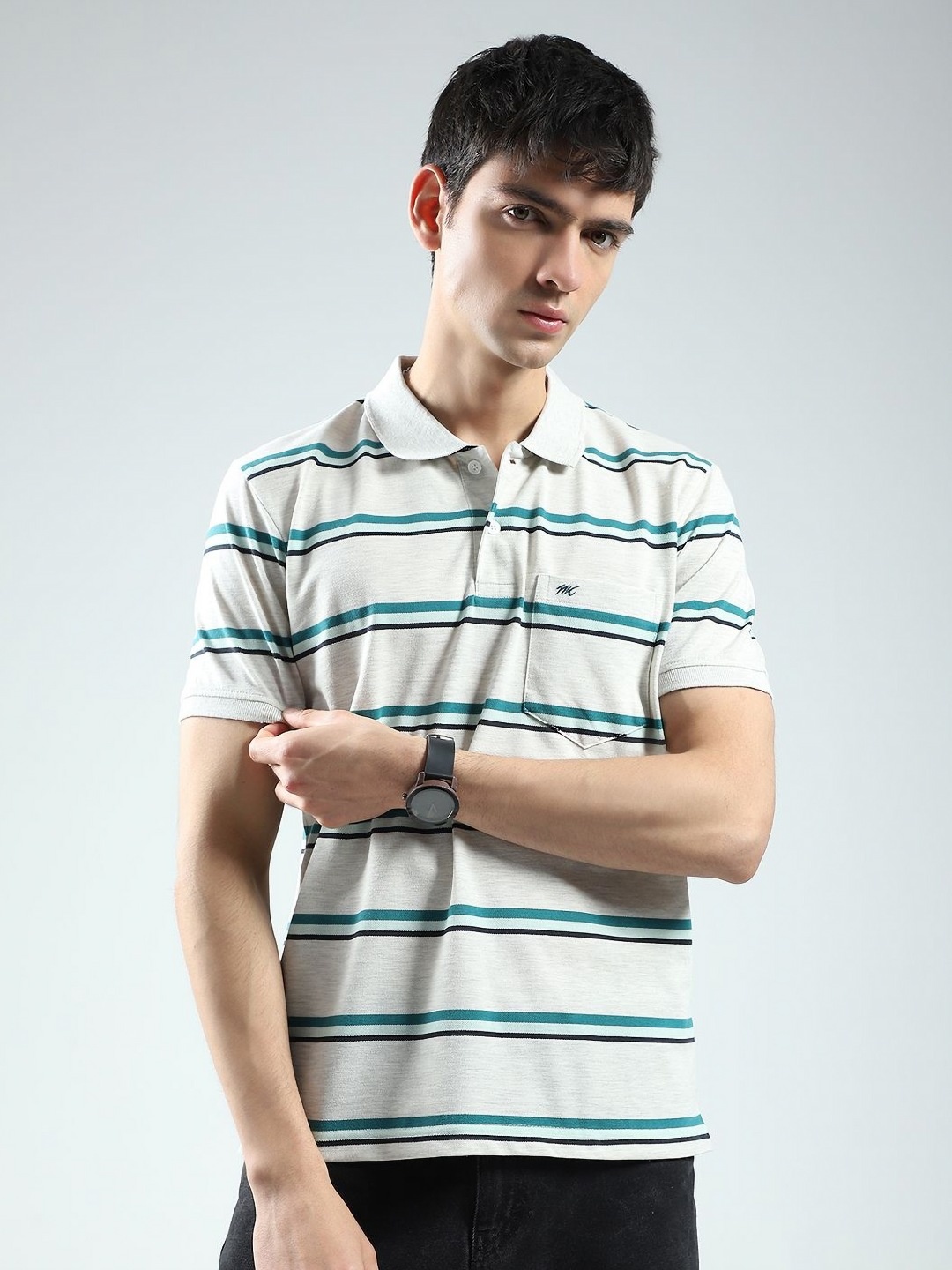 

Monte Carlo Men Striped Polo Collar Tropical Pockets T-shirt, Grey