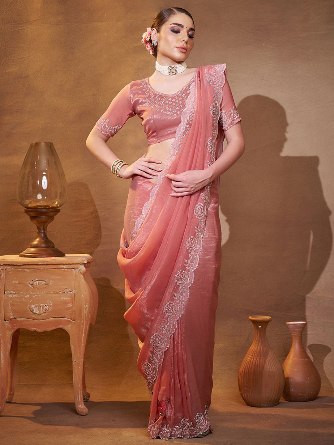 

modeva Floral Beads and Stones Pure Chiffon Saree, Rose gold