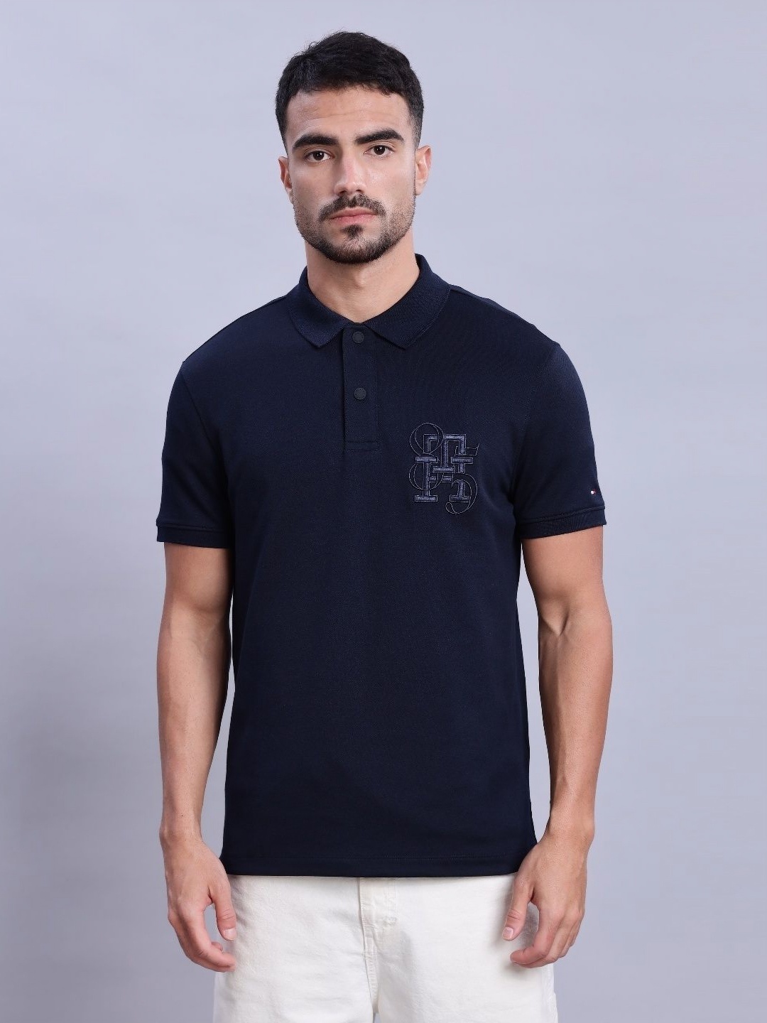 

Tommy Hilfiger Men Brand Logo Printed Polo Collar T-shirt, Navy blue