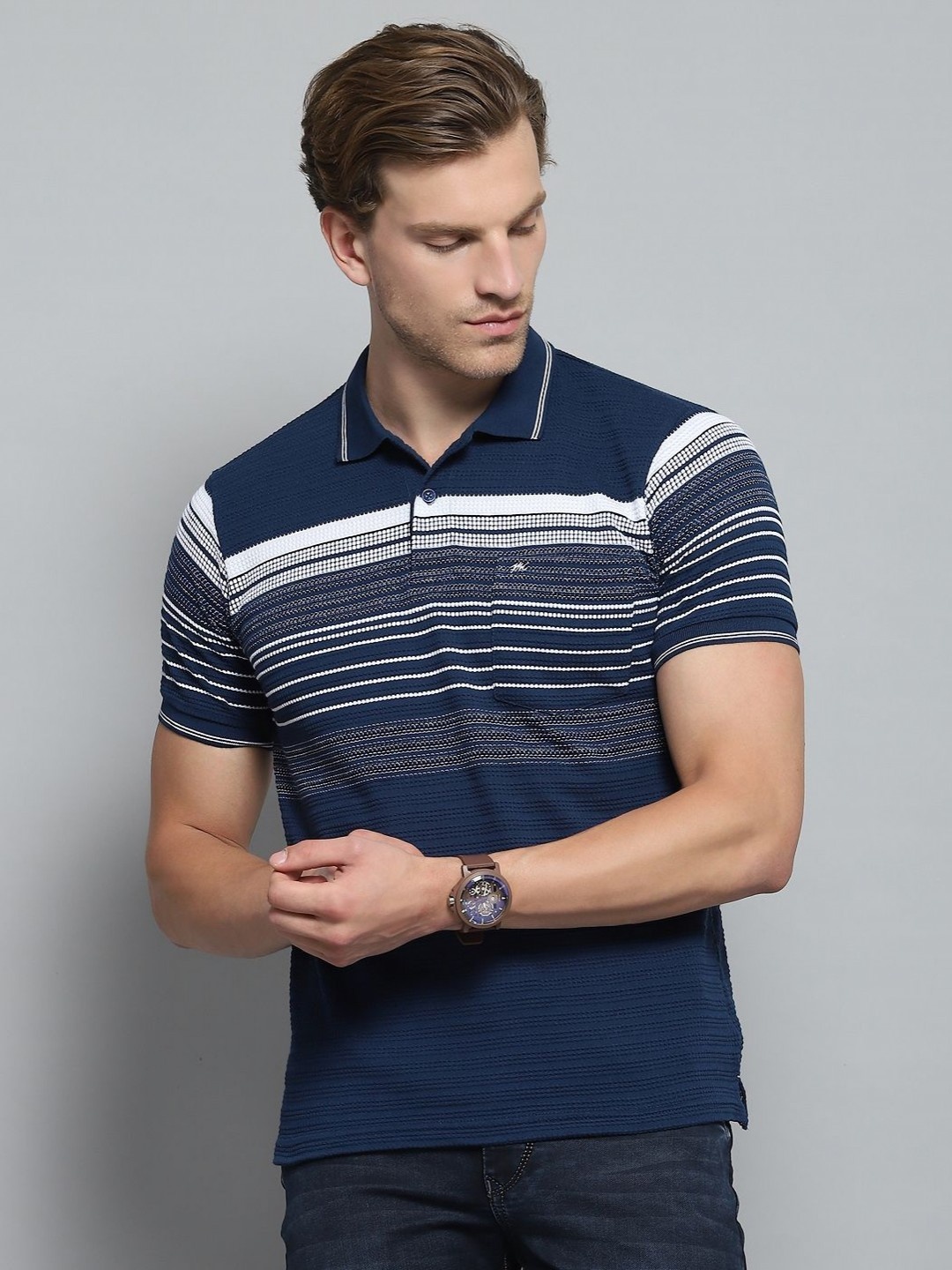 

Monte Carlo Men Striped Polo Collar Pockets T-shirt, Navy blue