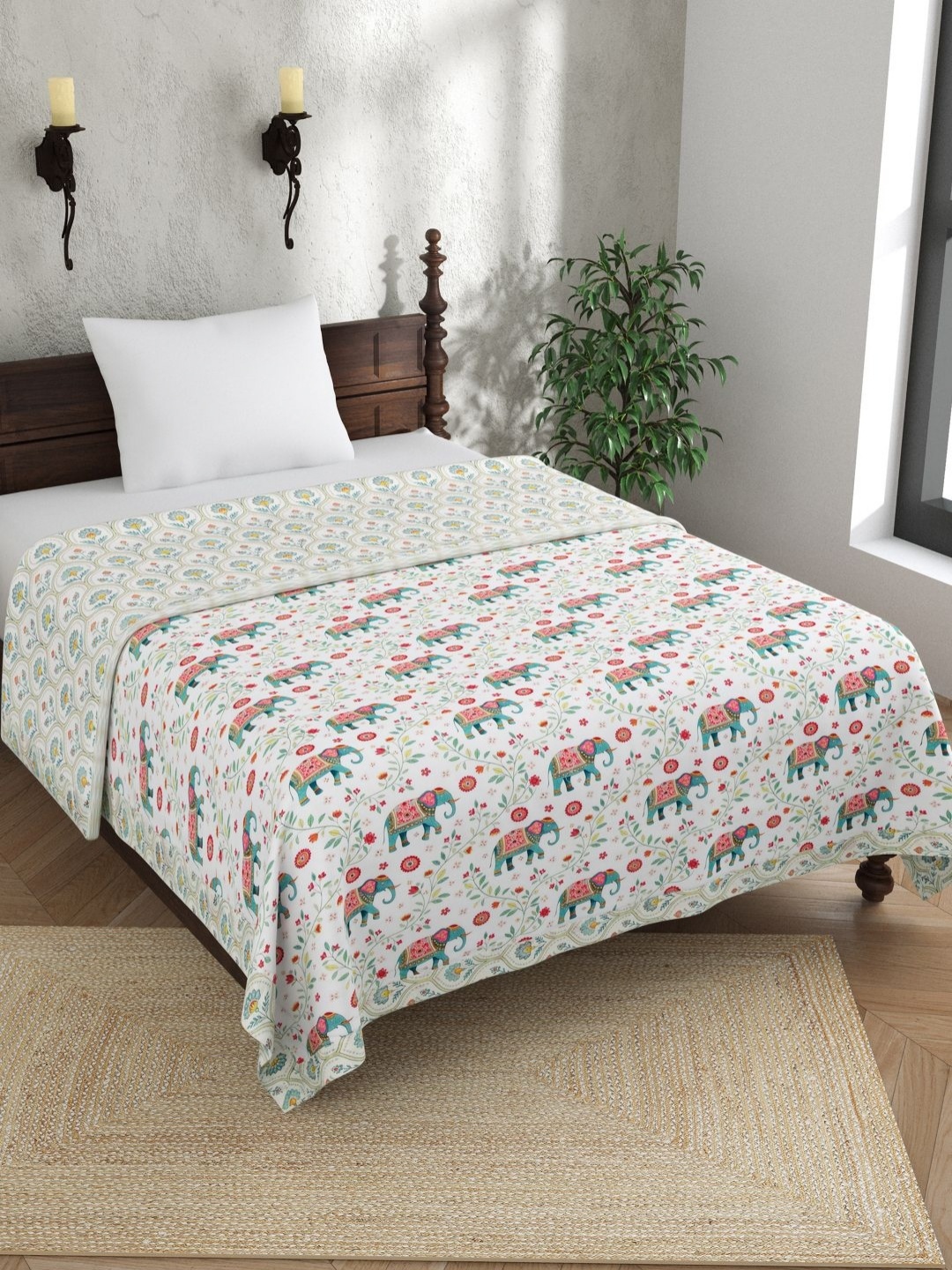 

EverHOME Multicoloured Ethnic Motifs AC Room 150 GSM Single Bed Dohar, White