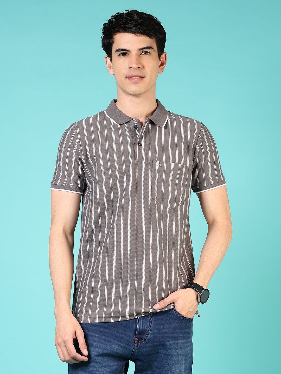 

V-Mart Men Striped Polo Collar Pockets T-shirt, Grey