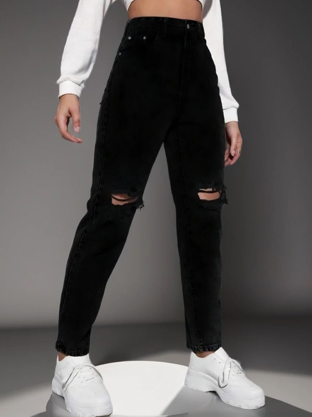 

Moda Rapido Women Comfort Boyfriend Fit High-Rise Slash Knee Jeans, Charcoal