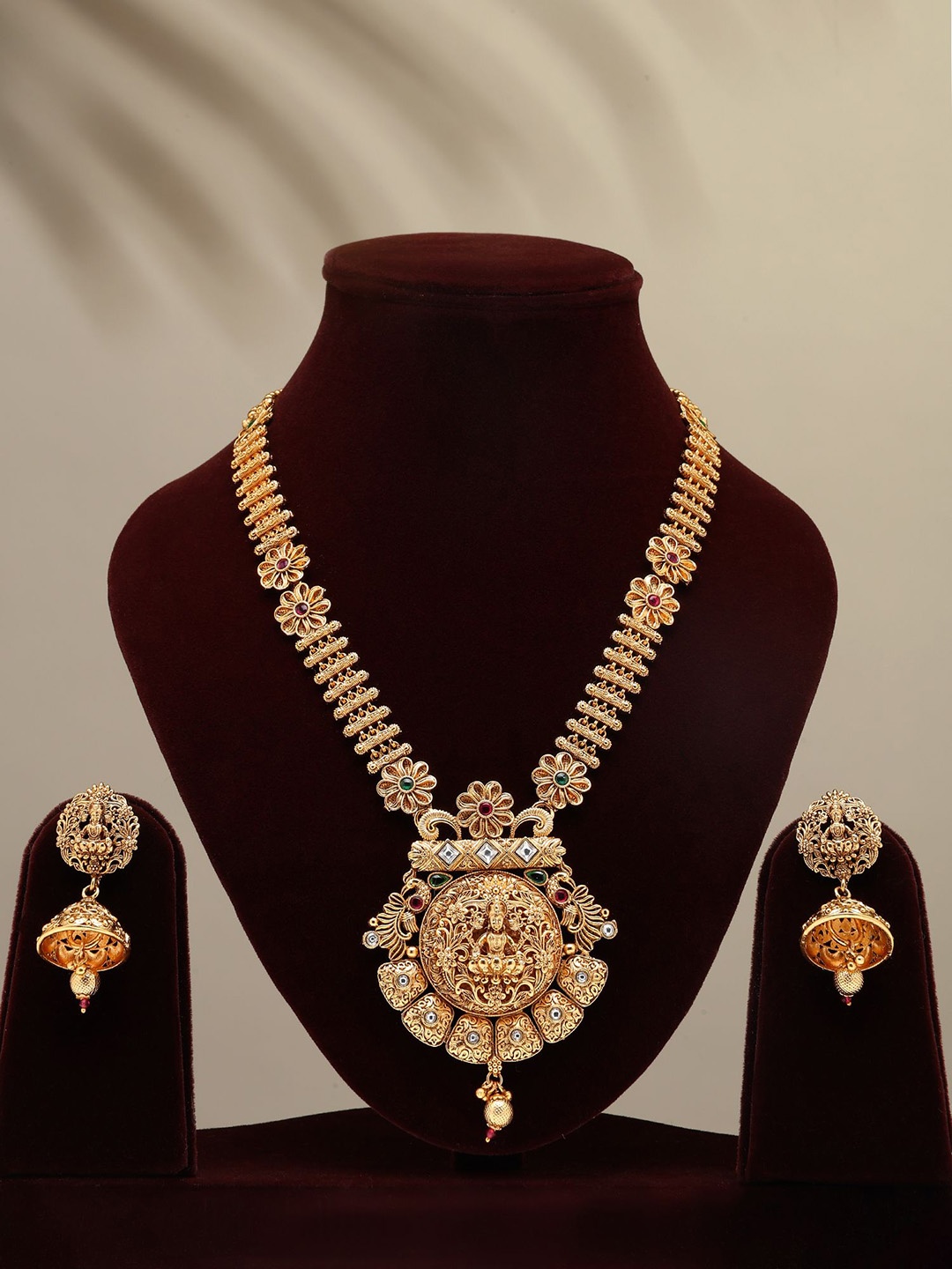 

Exotic India Goddess Lakshmi Long Temple Necklace & Earring Set With Beads, Gold