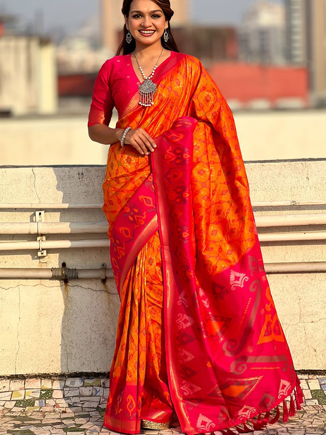

all about you Woven Design Zari Silk Blend Patola Saree, Orange