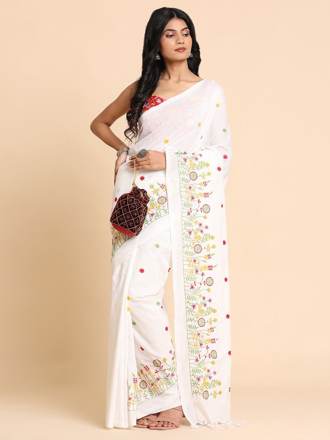 

BAPS Floral Embroidered Pure Cotton Saree, White