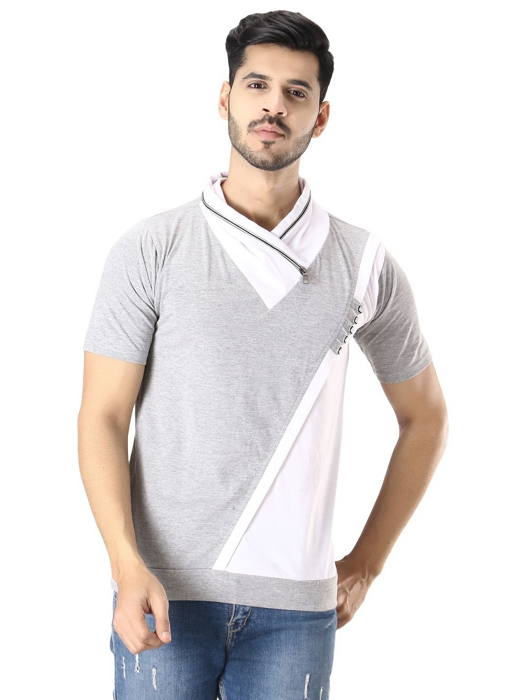 

Black Collection Men Colourblocked V-Neck T-shirt, Grey