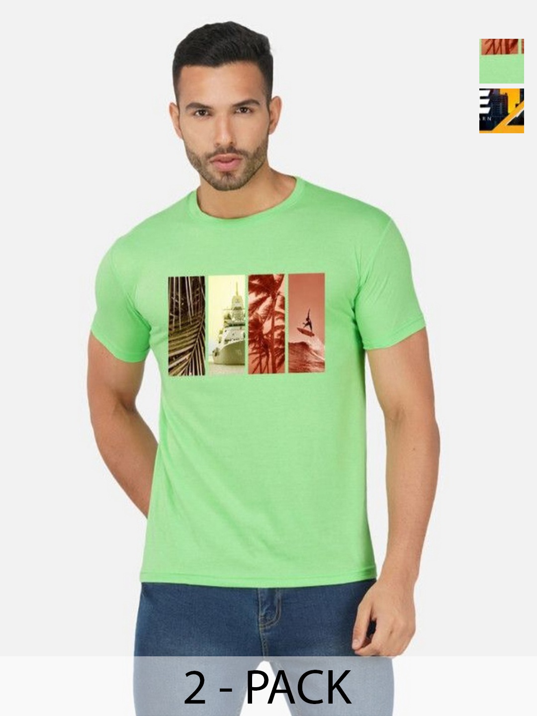 

GLOBAL NOMAD Men 2 Printed Bio Finish Applique T-shirt, Green