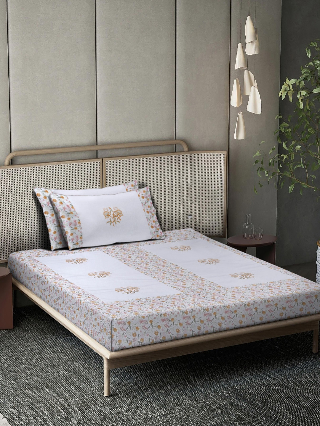 

KLOTTHE White & Green Floral Embroidered 400 TC Single Bedsheet With 2 Pillow Covers