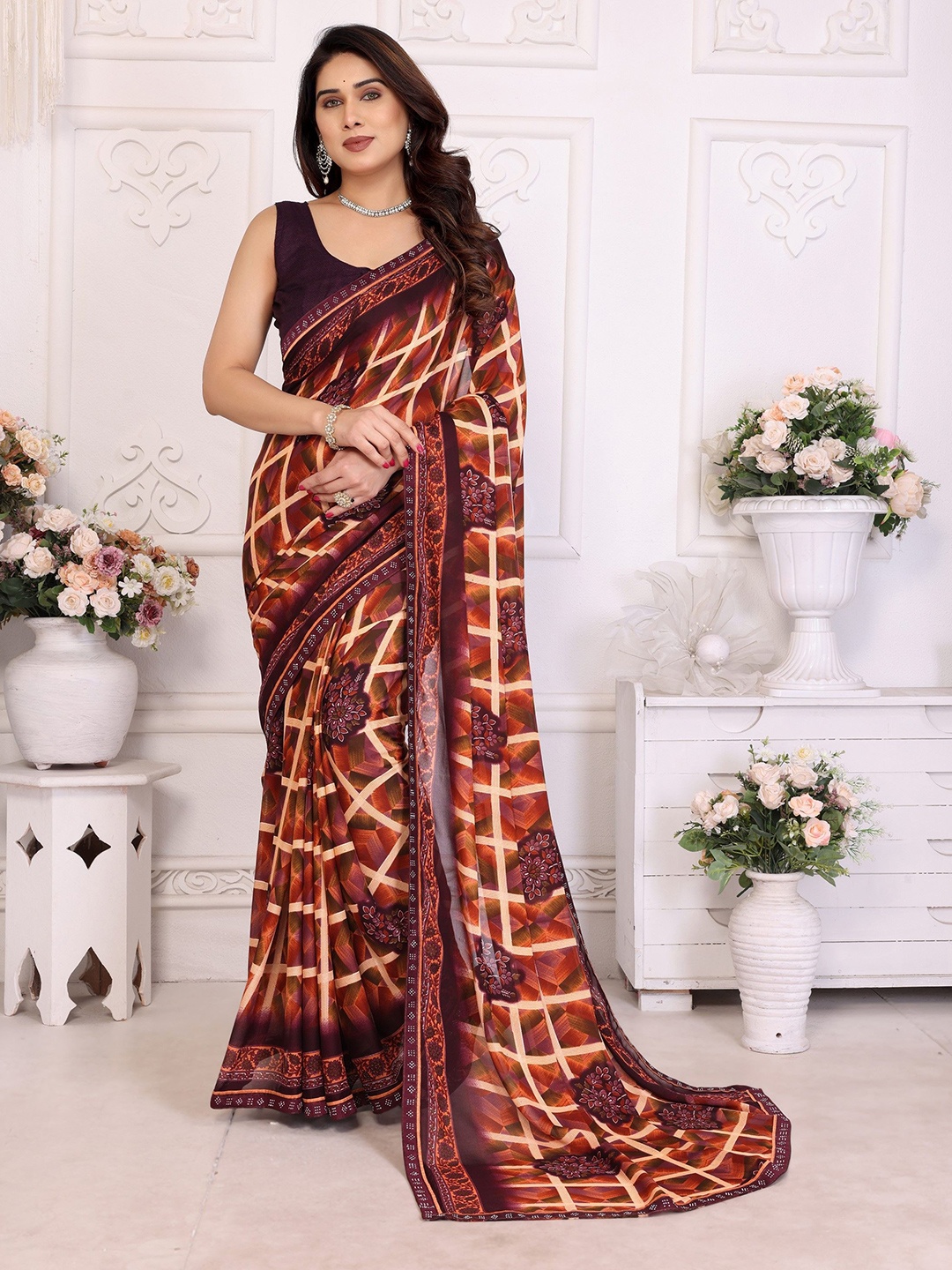 

Moda Rapido Floral Beads and Stones Poly Georgette Saree, Brown