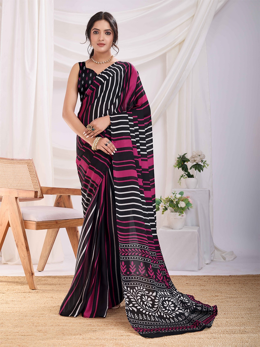 

DIVASTRI Striped Satin Ready to Wear Saree, Pink