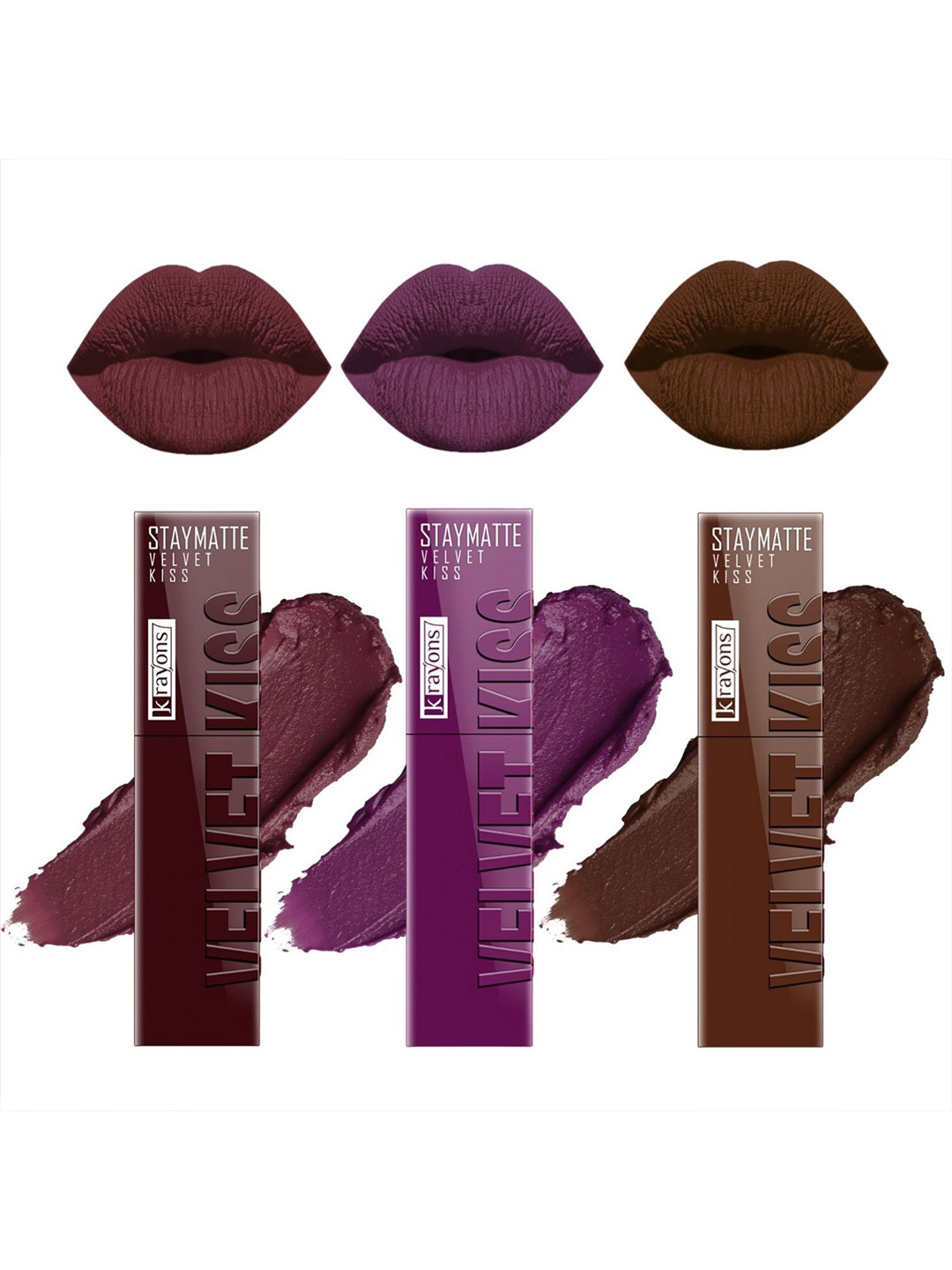 

krayons Set Of 3 Velvet Kiss Non Transfer Liquid Matte Lipstick - 3.5 ml Each, Maroon