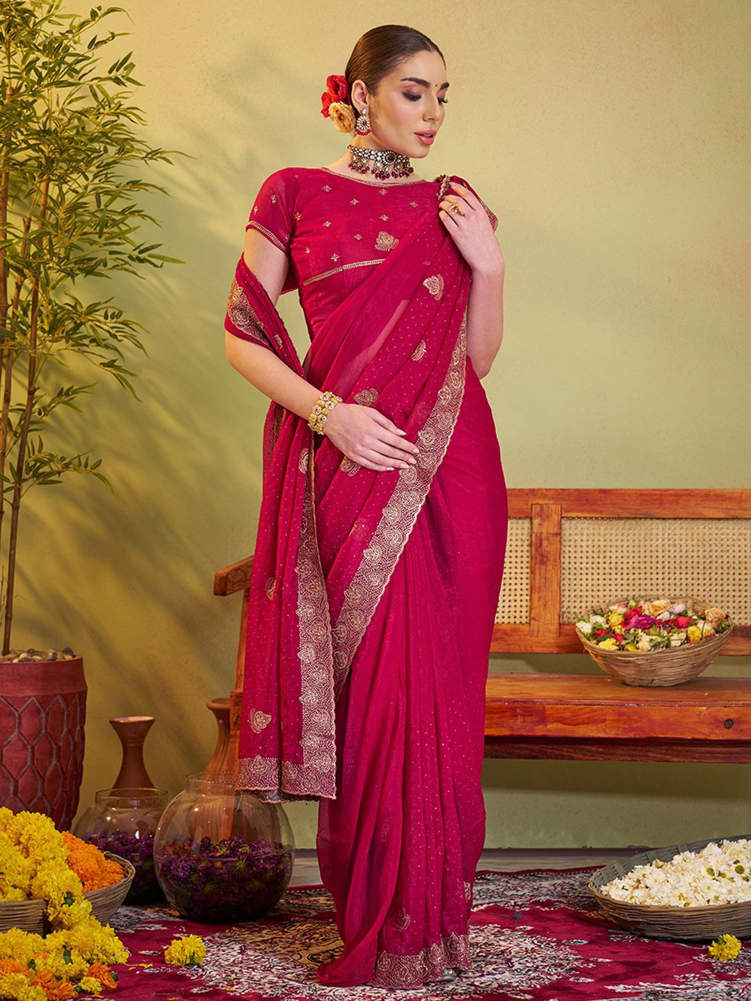 

Kalista Ethnic Motifs Zari Organza Saree, Pink