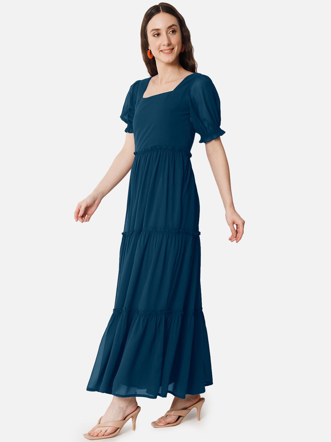 

Jash Creation Bell Sleeve Applique Georgette Fit & Flare Maxi Dress, Blue