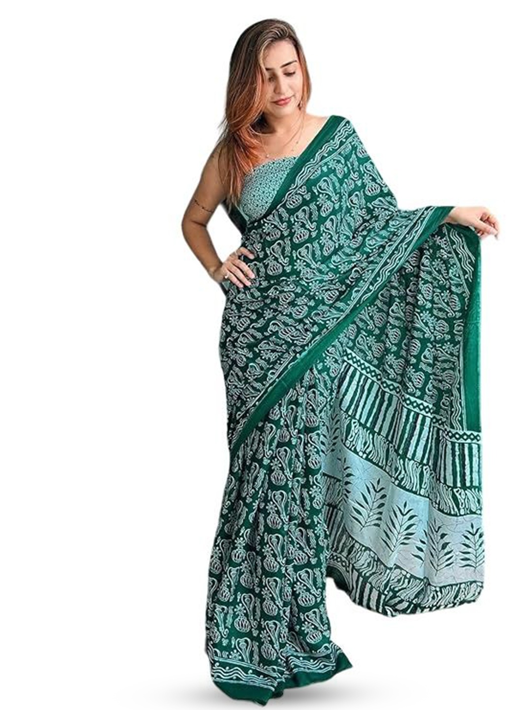 

HMP Fashion Floral Ikat Saree, Green