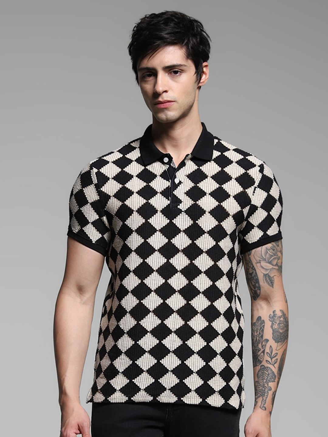 

Jack & Jones Men Checked Polo Collar Pockets Slim Fit T-shirt, Black