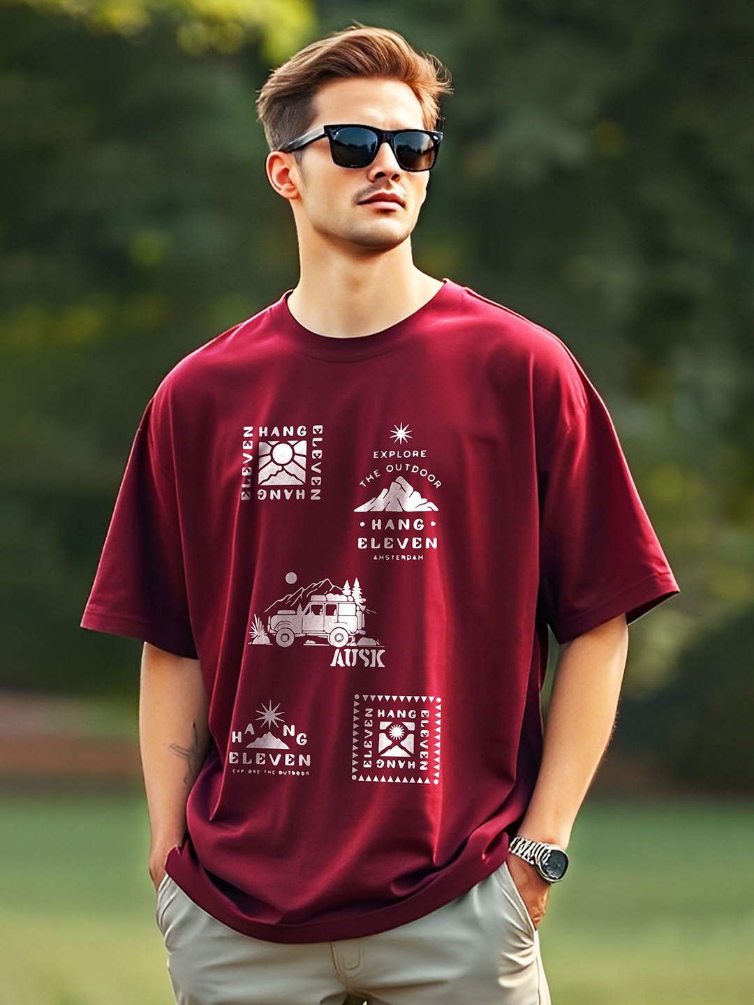 

AUSK Men Typography Printed Drop-Shoulder Sleeves Pockets T-shirt, Maroon