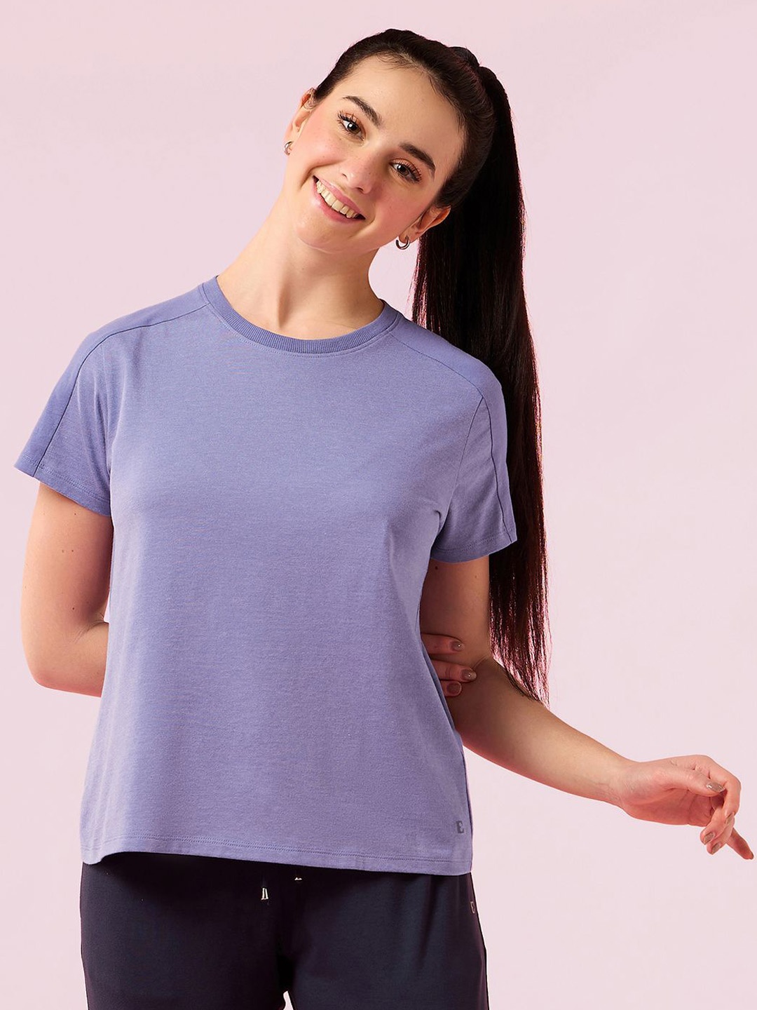 

Enamor Relaxed Fit Rib Neck Band Cut & Sew Lounge T-Shirt, Violet